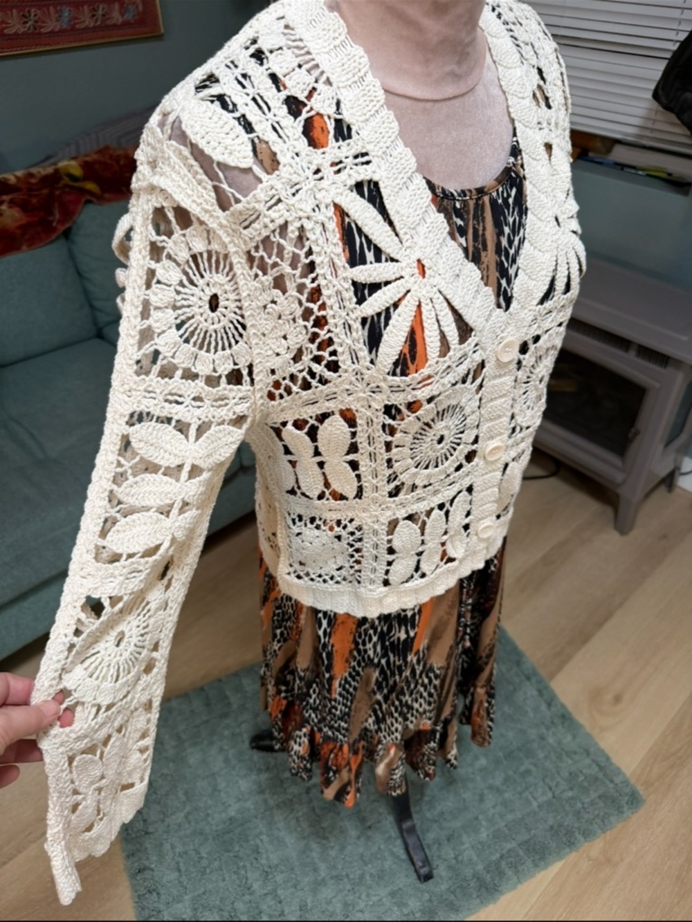 Solitaire Anthropologie Cream Crochet Granny Square Knit Cotton Cardigan S - Picture 3 of 10